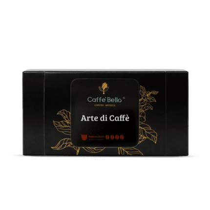 Premium coffee cups for espresso and cappuccino. Elegant black packaging with gold leaf design, perf.